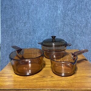 Corning Visions Amber Glass Cookware Set 4pc V-20-B 2L Casserole 1.5L 0.7L Pans